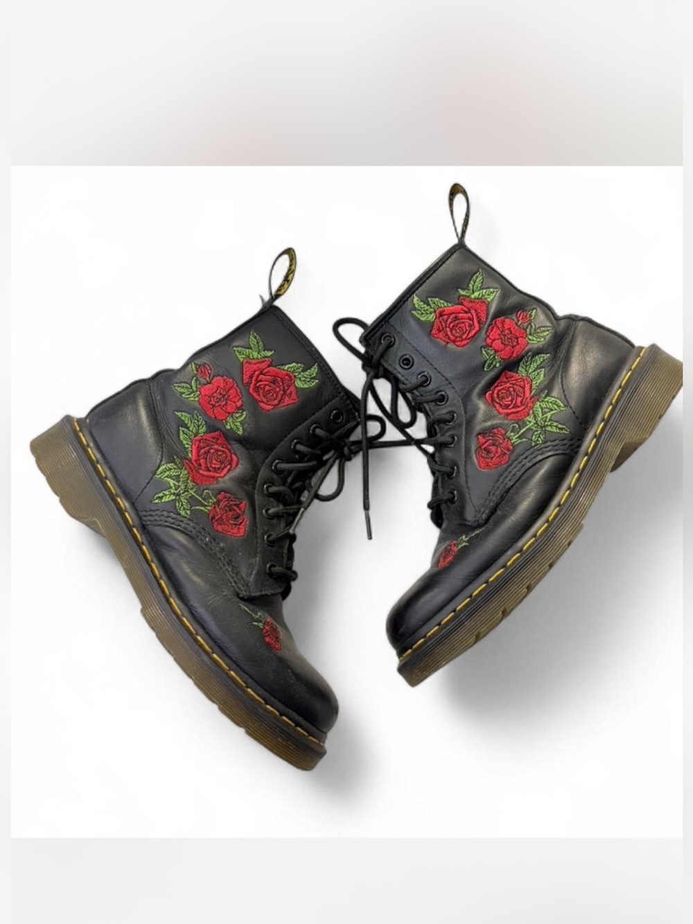 Dr. Martens Black Leather Lace-Up Boots with Red Rose Embroidery